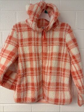 Kids Plush Hooded Plaid Jacket in Coral and Cream